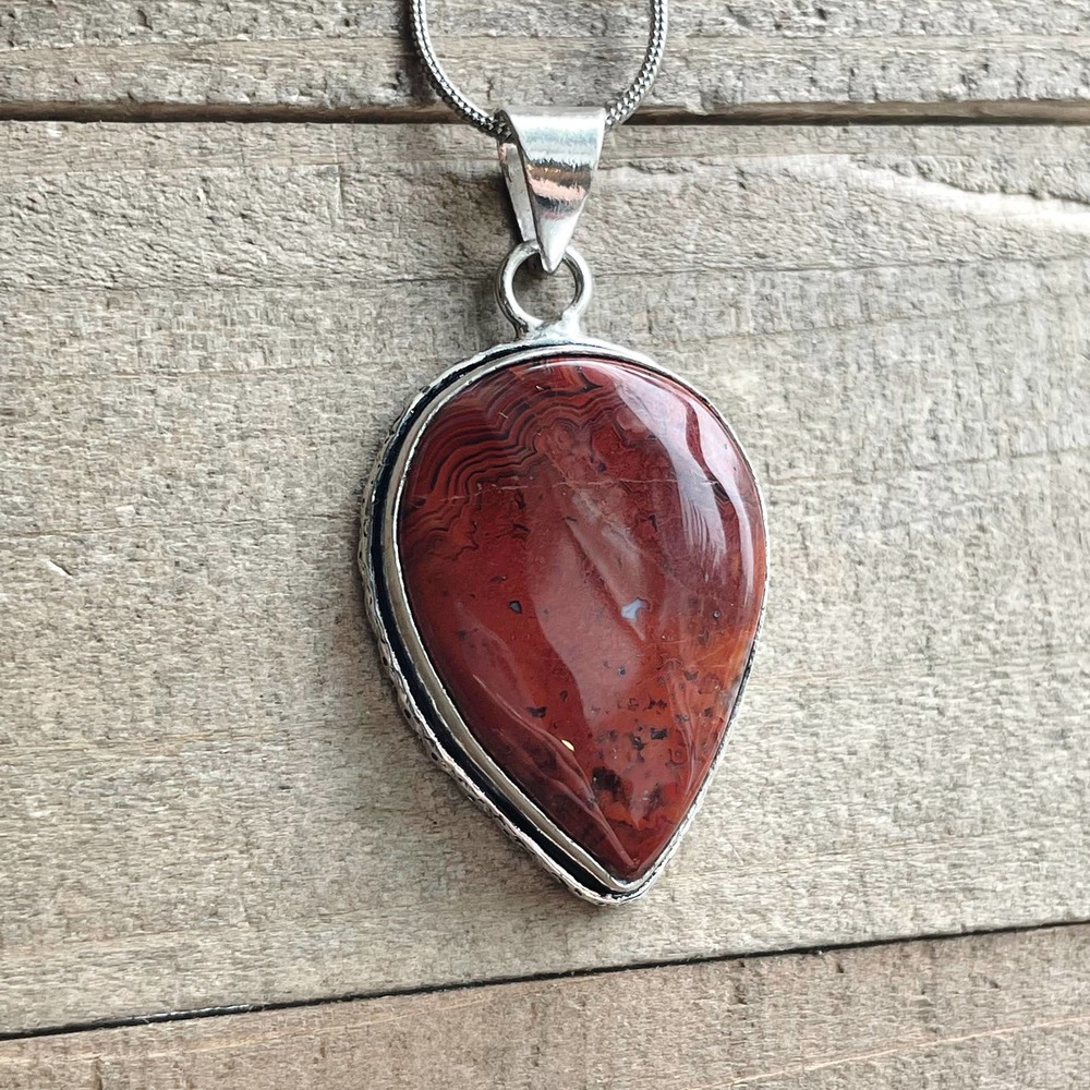 Red Lace Agate Pendant Necklace in 925 Silver on 18" Silver Snake Chain #043